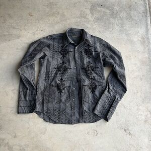 Y2K Button Up Shirt Men's Size M Grey Embroidered Psudo